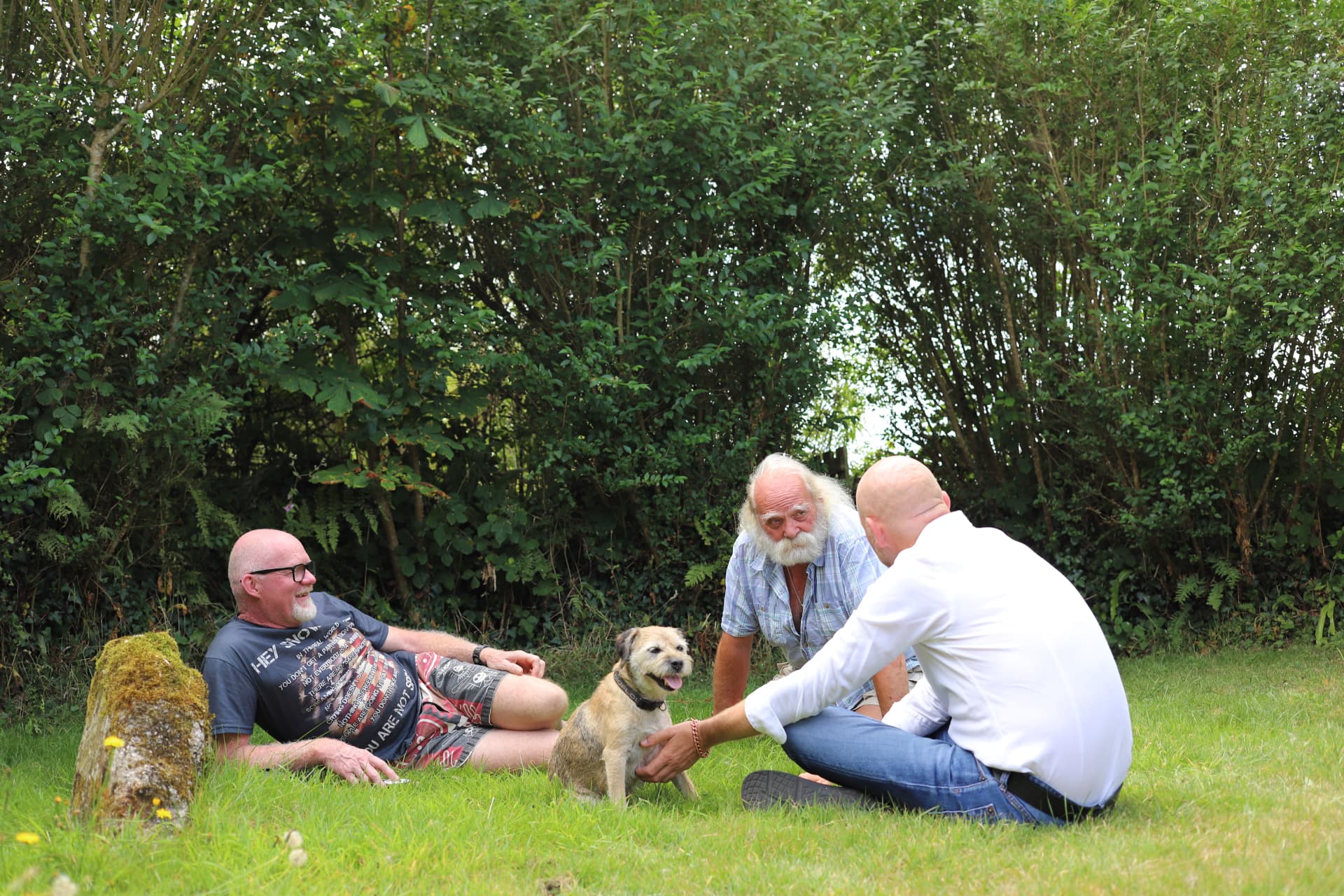 Guests sitting on the grass with a dog in the walled garden