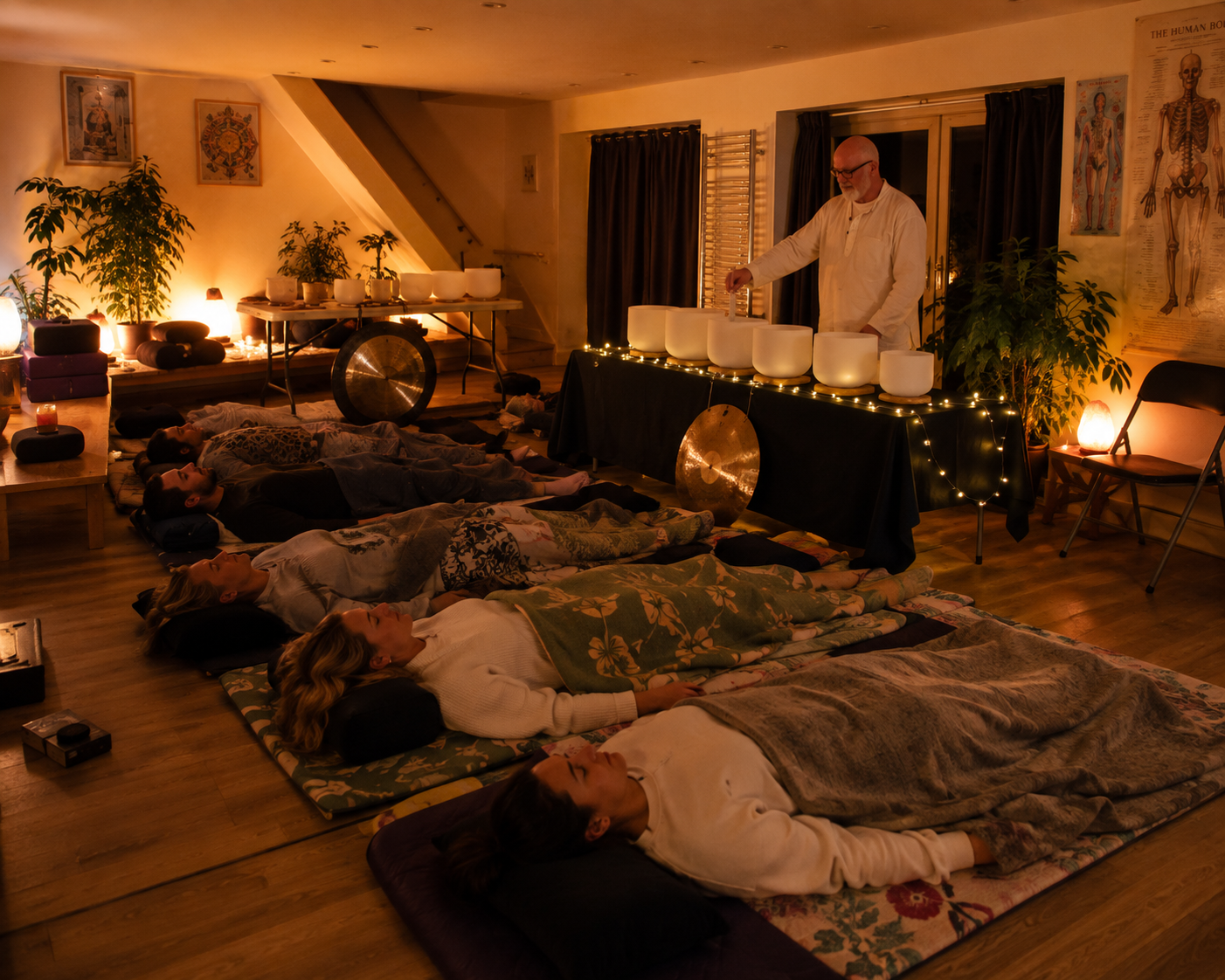 A sound healing session by candlelight, guests resting under blankets as crystal bowls are played