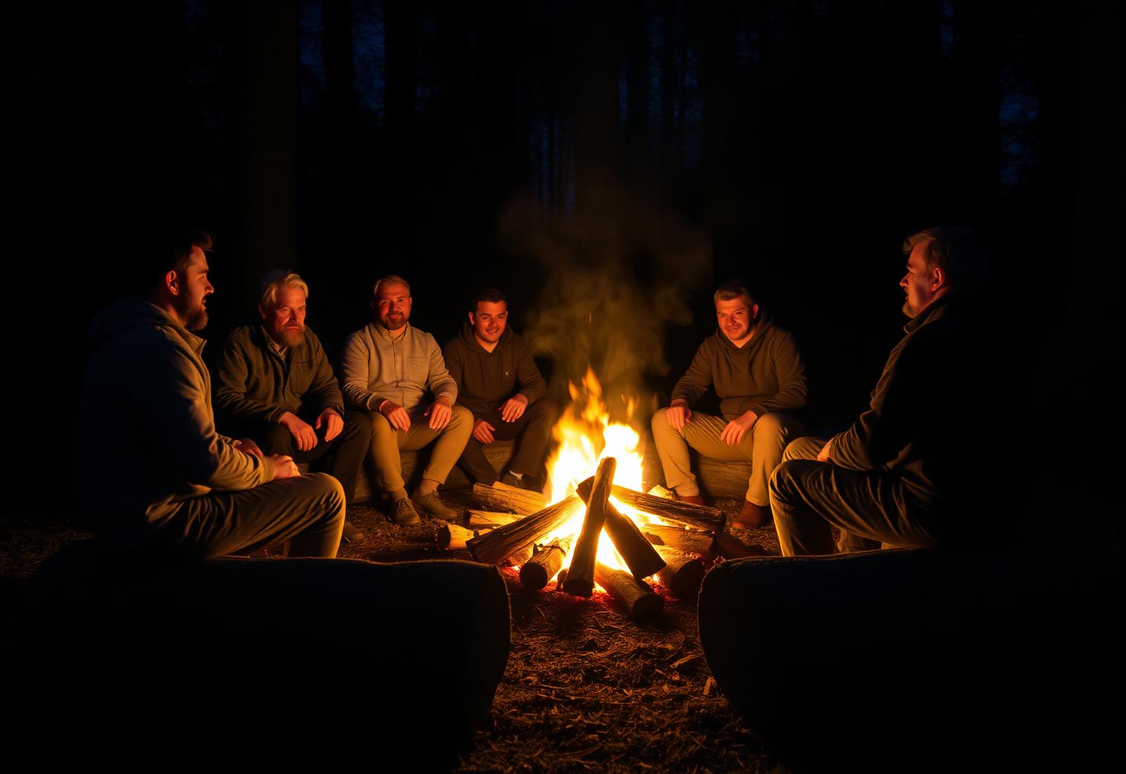 A small circle of people sitting around a fire in woodland at night